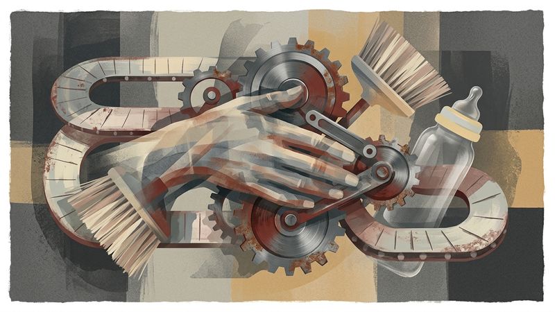 Abstract editorial illustration of a woman's hands intertwined with mechanical gears and domestic objects, rendered in muted industrial tones